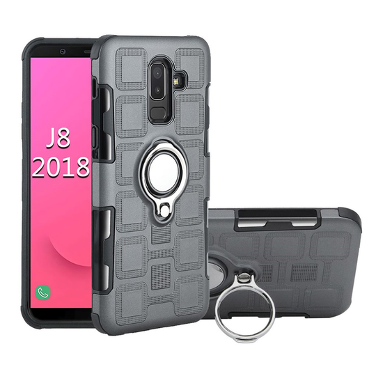 Samsung Galaxy J8 (2018) Geometrisesti Kuvioitu Hybriidi Muovinen Takasuoja Kuori Jalkatuella Ja Magneetilla - Harmaa