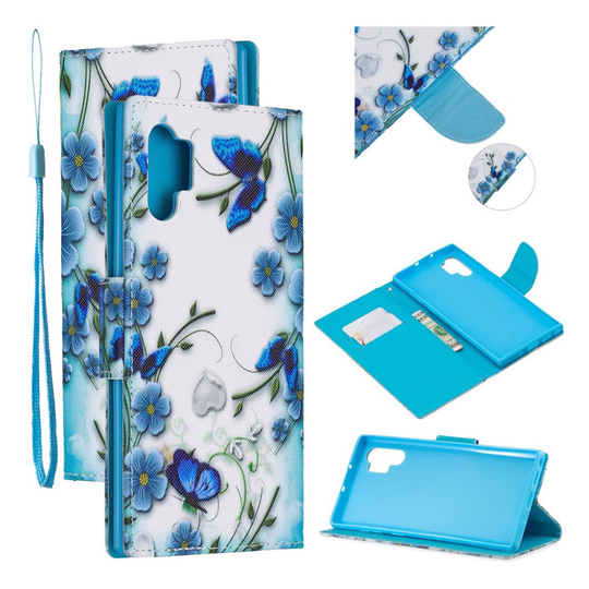 Wonderland Samsung Galaxy Note 10 Pro flip kotelot - Sininen Perhonen ja Kukat