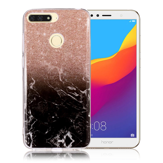Huawei Honor 7A Marmori IMD Kuviollinen Pehmeä Muovinen Takasuoja Kuori - Oranssi/ Musta