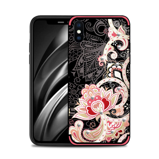 iPhone Xs Max NXE kukka kuviollinen silikooni muovinen takasuoja kuori missä tekojalokivet - Punainen