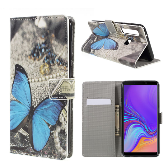Samsung Galaxy A9 (2018) kuviollinen synteetti nahkainen lompakko suojakotelo kortti ja seteli paikoilla - Sininen Perhonen