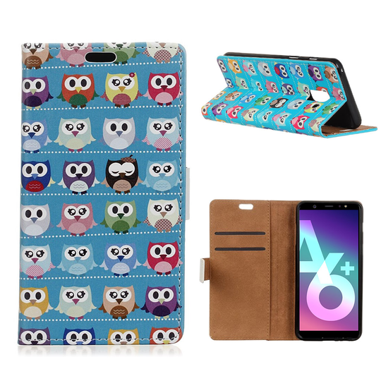 Samsung Galaxy A6 Plus Kuvio Nahka Lopmakko Kuori - Ihanat Pienet Pöllöt Sininen