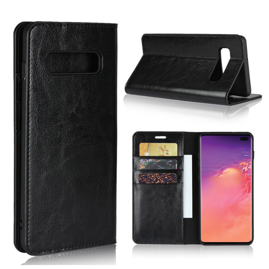 Crazy Horse Samsung Galaxy S10 Plus aitoa nahkaa suojakotelo - Musta