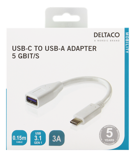 USB 3.1 Adapteri, Gen 1, Typ C Uros - Typ A Naaras, 15cm, Valkoinen