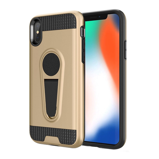 iPhone 9 Plus Hiilikuitu Harjattu Hybriidi Muovinen Takasuoja Kuori Jalkatuella - Kulta