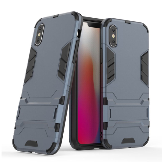 iPhone XS Liukuestoinen metalli pintainen hybriidi muovinen takasuoja kuori jalkatuella - Tumman Sininen