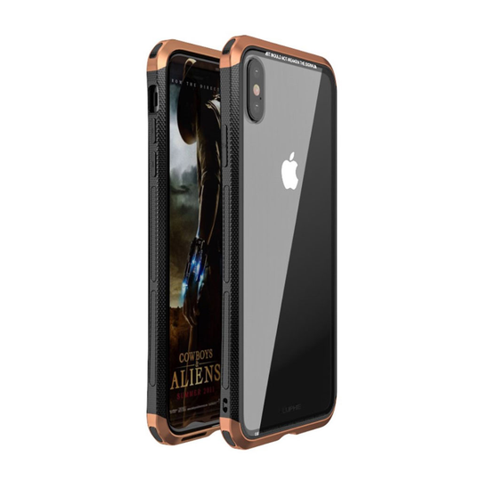 iPhone X LUPHIE hybriidi suojakuori lasista ja metallista ja muovista - Ruskea