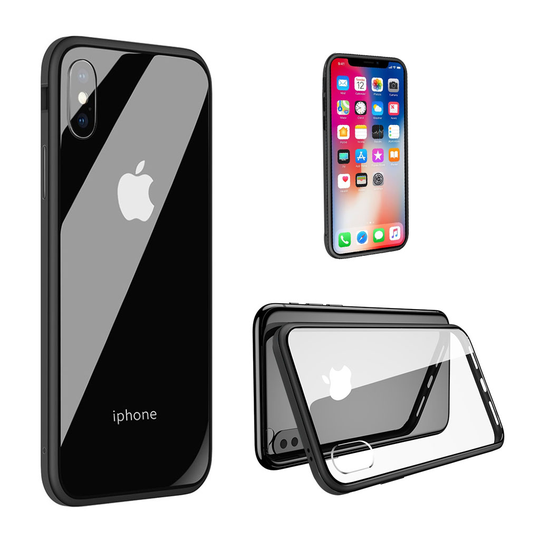 iPhone Xr SULADA hybriidi takasuoja kuori missä karkaistu lasi sekä metalli ja muovi - Musta