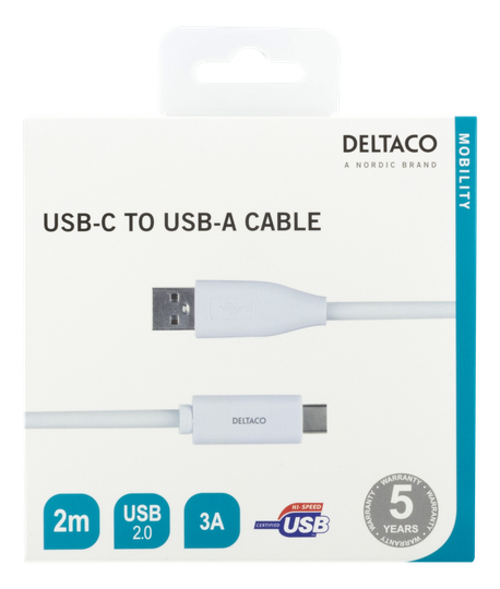 USB-C - USB-A-kaapeli, 2 M, 3 A, USB 2.0, Valkoinen