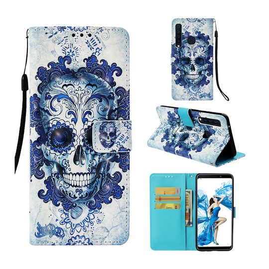 Samsung Galaxy A9 (2018) lompakko suojakotelo kuviolla ja mobiilinarulla - Sugarskull