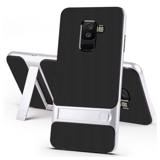 Samsung Galaxy A6 Plus (2018) ELEGANCE Hybriidi Muovinen Takasuoja Kuori Jalkatuella - Hopea