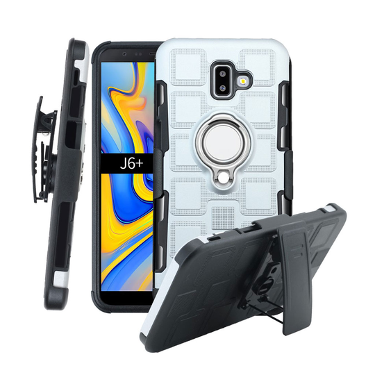 Samsung Galaxy J6 Plus (2018) hybriidi takasuoja kuori kuviollisesta muovista missä sormirengas ja vyöklipsi jalkatuki - Hopea