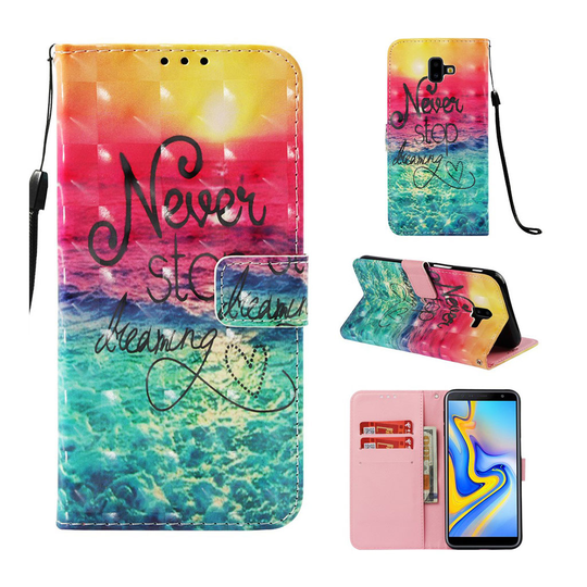 Samsung Galaxy J6 Plus (2018) synteetti nahkainen lompakko kotelo kuviolla ja kimalle koristeilla - Never Stop Dreaming