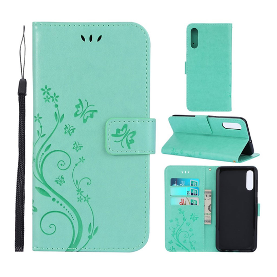 Samsung Galaxy A50 imprint butterfly flower leather case - Green