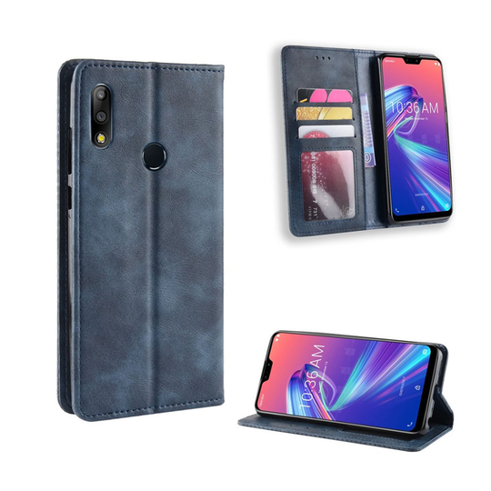 Asus ZenFone Max Pro (M2) vintage tyylinen nahkainen flip suojakotelo - Sininen