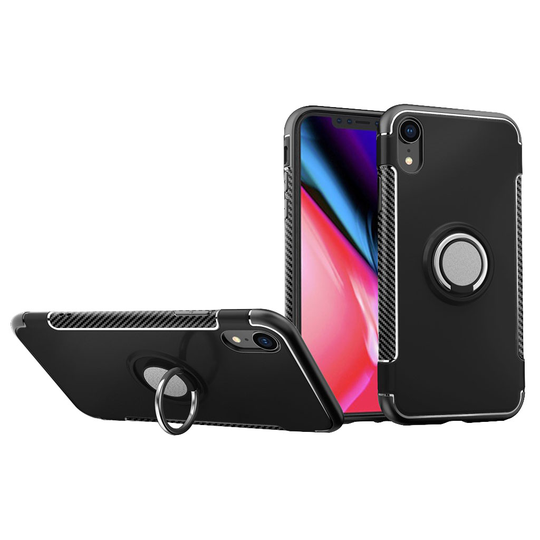 iPhone Xr Hiilikuitu harjattu hybriidi muovinen takasuoja kuori jalkatuella - Musta