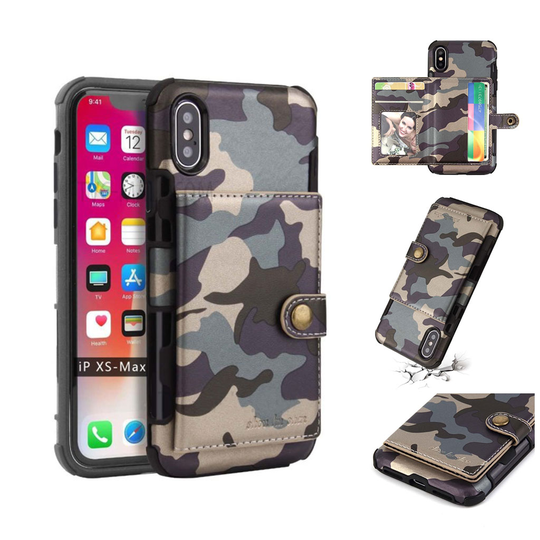iPhone Xs Max SHOUHUSHEN kamo kuviollinen muovipohjainen synteetti nahka suojakuori kortti paikoilla - Harmaa