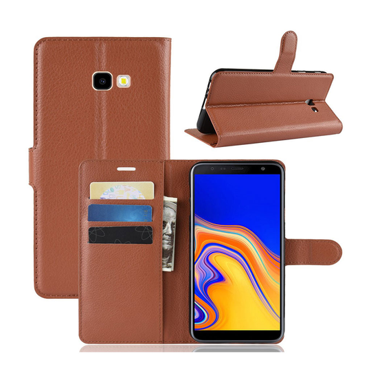 Samsung Galaxy J4 Plus (2018) liitsihedelmä jyvä rakenne synteetti nahkainen lompakko suojakotelo - Ruskea