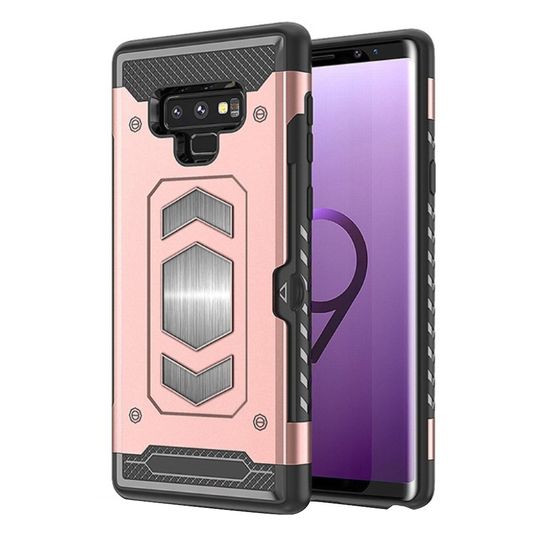 Samsung Galaxy Note9 Hybriidi Kova Sekä Pehmeä Muovinen Takasuoja Kuori Korttipaikalla ja Magneetilla - Ruusu Kulta