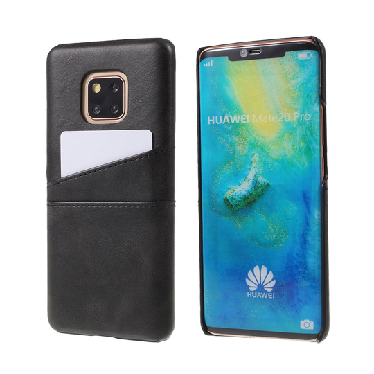 Huawei Mate 20 Pro Kova muovinen takasuoja kuori synteetti nahalla kahdella kortti paikalla - Musta