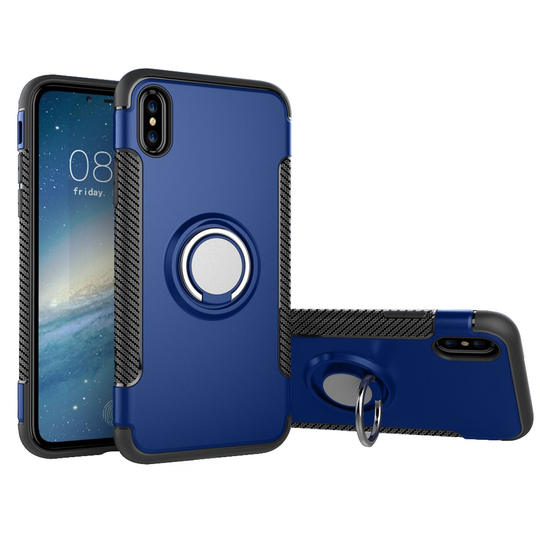 iPhone XS hiilikuitu harjattu hybriidi muovinen takasuoja kuori sormirenkaalla - Tumman Sininen