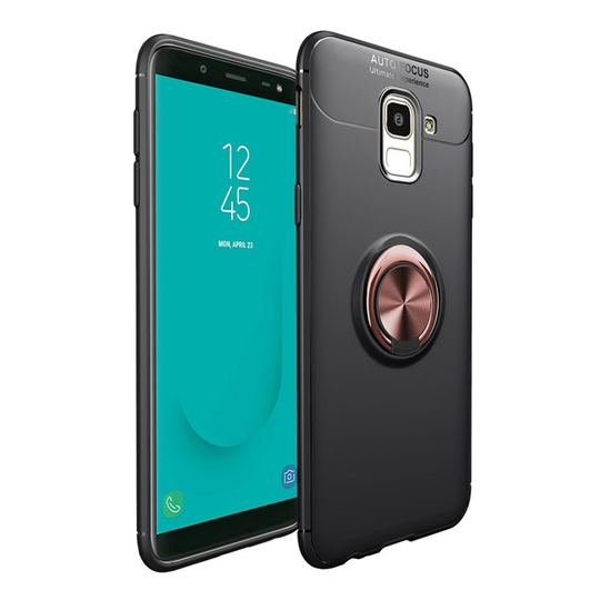 Samsung Galaxy J6 (2018) Mobiilirenkaalla Varustettu Muovi Takasuoja Kuori Magneetilla - Musta/ Ruusu Kulta
