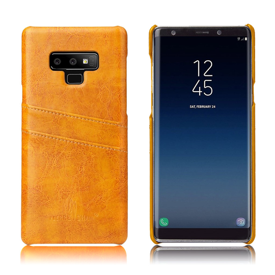 Samsung Galaxy Note9 FIERRE SHANN Öljyvahattu Synteetti Nahkainen Takasuoja Kuori Korttipaikoilla - Keltainen