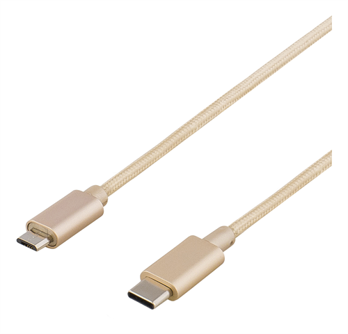 USB 2.0 -kaapeli, Kangaspäällysteinen, USB Type C Uros - USB Type Micro B Uros, 1 M, Kulta
