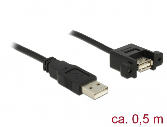 Kaapeli USB 2.0 Type A Uros - USB 2.0 Type A Naaras, Paneeliasennus, 0,5 M, Musta