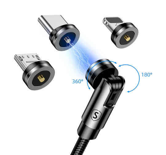 3-in-1 360° Magnet Cable Lightning, USB-C, Micro-USB, Black