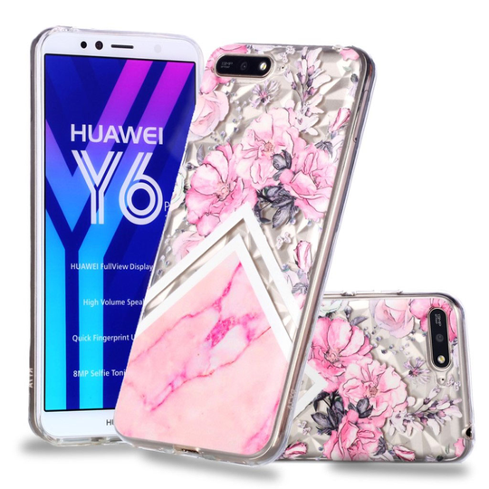 Huawei Honor 7A Kohokuvioitu 3D Timantti Rakenne Pinatinen Kova Muovinen Takasuoja Kuori - Kukat Ja Marmori