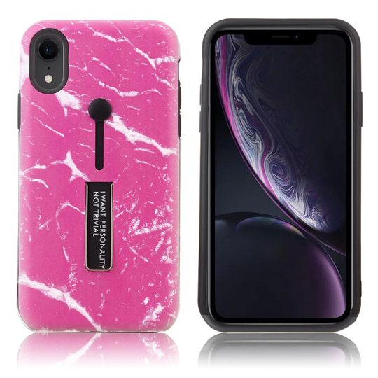 iPhone Xr Kohokuviollinen marmori pintainen muovinen takasuoja kuori jalkatuella - Ruusu