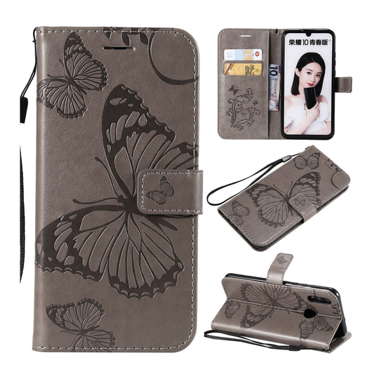 Huawei P Smart 2019 painettu Perhonen nahkainen flip suojakotelo - Harmaa