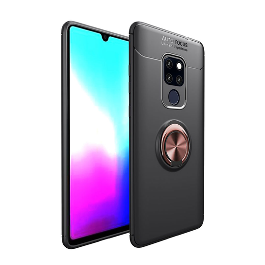 Huawei Mate 20 silikooni muovinen takasuoja kuori metalli magneetilla ja sormirenkaalla - Musta/ Ruusu Kulta