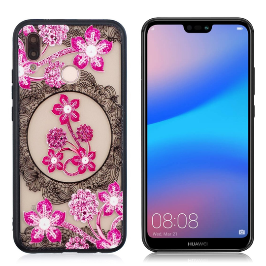 Huawei P20 Lite tekojalokivi Kukka combo suojakotelo - Pinkki Kukka
