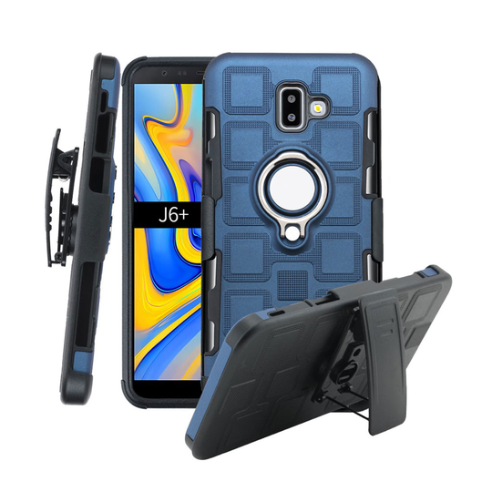Samsung Galaxy J6 Plus (2018) hybriidi takasuoja kuori kuviollisesta muovista missä sormirengas ja vyöklipsi jalkatuki - Tumman Sininen
