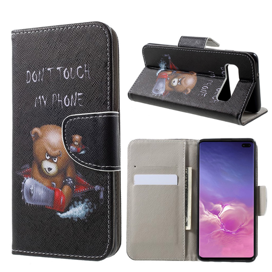 Samsung Galaxy S10 Plus nahkainen flip suojakotelo - Ruskea Nalle ja Varoitukset