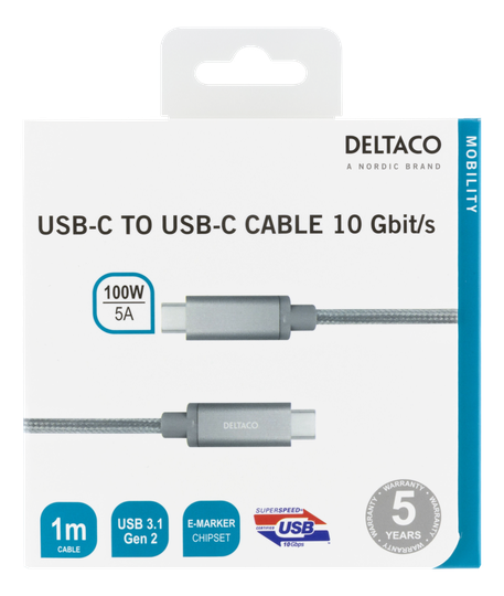 USB-C SuperSpeed -kaapeli, 1 M, USB 3.1 Gen 1, 10 Gbps, 100 W, Hopea