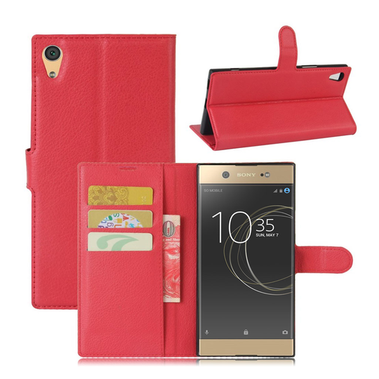 Sony Xperia XA1 Ultra Litsi Pintainen Nahkakotelo Lompakko - Punainen