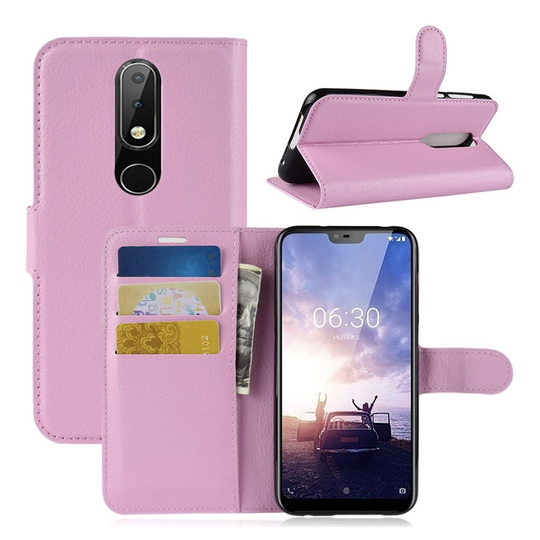 Nokia 6.1 Plus Liitsihedelmä Jyvä Pinnoitettu Synteetti Nahkainen Lompakko Kotelosuoja - Pinkki
