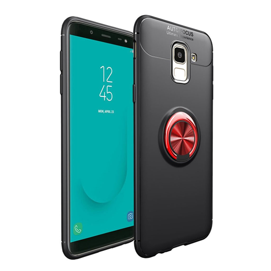 Samsung Galaxy J6 (2018) Mobiilirenkaalla Varustettu Muovi Takasuoja Kuori Magneetilla - Musta/ Punainen