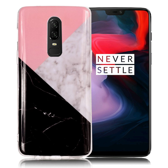 OnePlus 6 Marmori Printti Kuviollinen Muovinen Takasuoja Kuori - Pinkki/ Harmaa/ Musta