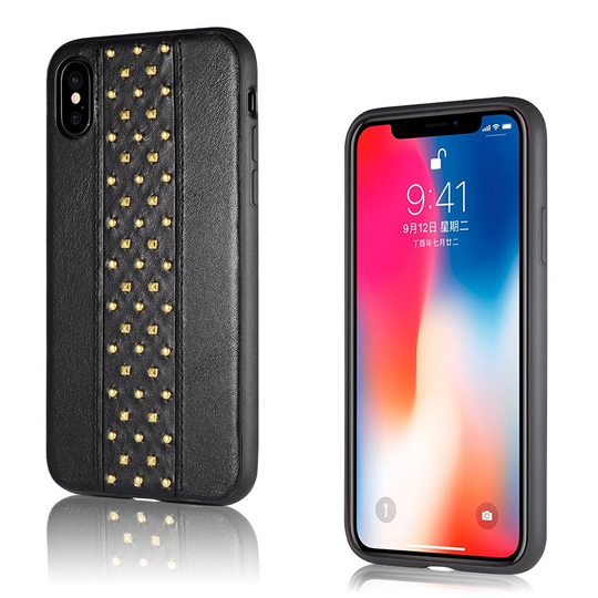 iPhone X niittii koristeltu muovipohjainen synteetti nahka takasuoja kuori - Musta
