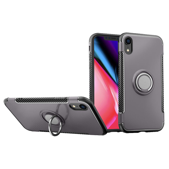 iPhone Xr Hiilikuitu harjattu hybriidi muovinen takasuoja kuori jalkatuella - Harmaa