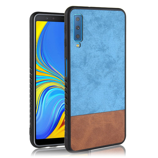 Samsung Galaxy A7 (2018) kaksivärinen kova muovinen takasuoja kuori pinnoitettu synteetti nahalla - Sininen