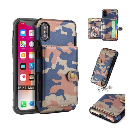 iPhone Xs Max SHOUHUSHEN kamo kuviollinen muovipohjainen synteetti nahka suojakuori kortti paikoilla - Sininen