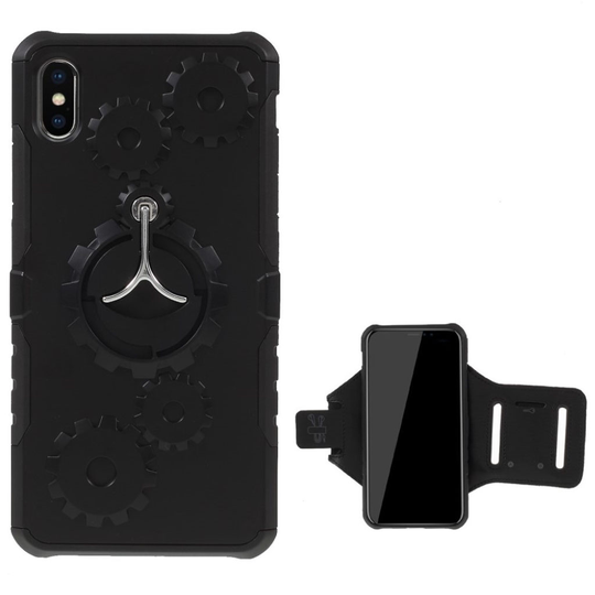 iPhone 9 Plus Hammaspyörä Kuviollinen Hybriidi Muovinen Takasuoja Kuori Jalkatuella - Musta