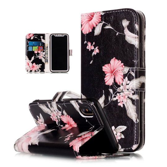 iPhone Xs Max synteetti nahkainen kuviollinen lompakko suojakotelo magneetti lukolla - Kauniit Kukat