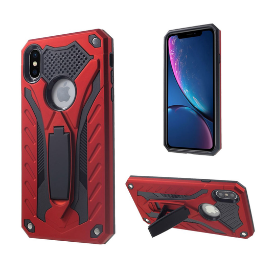 iPhone Xs Max iskukestävä harjattu hybriidi muovinen takasuoja kuori jalkatuella - Punainen