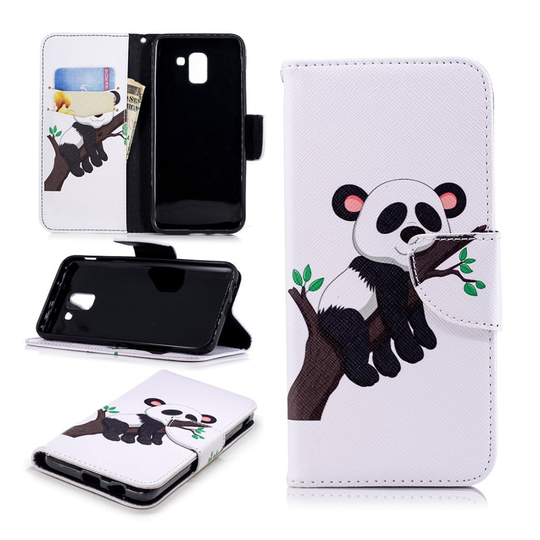 Samsung Galaxy J6 Seisova PU Nahkainen Lompakko Suojakotelo Kuviolla - Panda Puussa